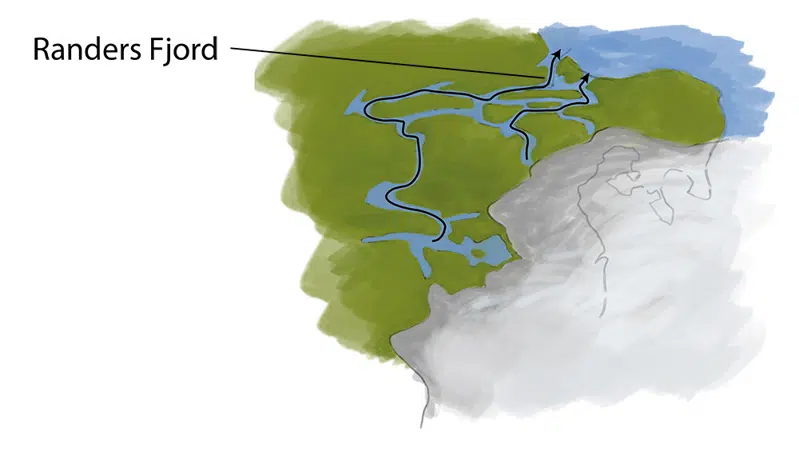 Tegning fra istiden, der viser vandets afstrømning gennem Skals Å dalen op mod Limfjorden